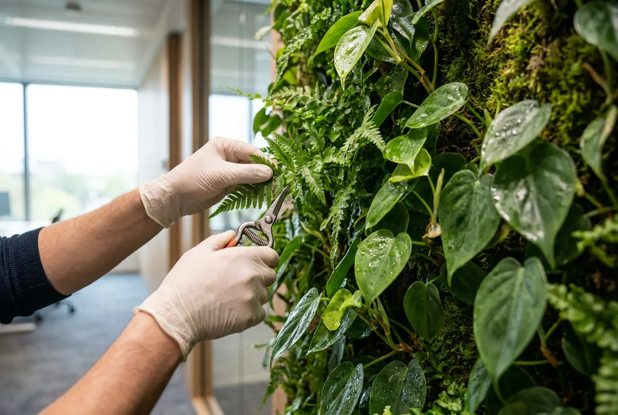 Hands pruning a living wall