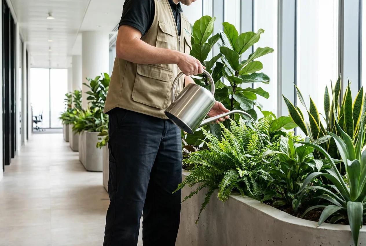 Technician watering a row of interior planters